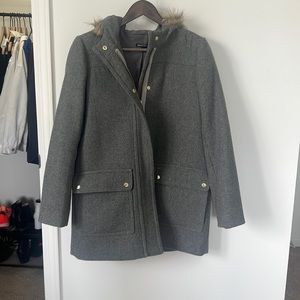 J. Crew Gray Trench Coat with Fur Hood